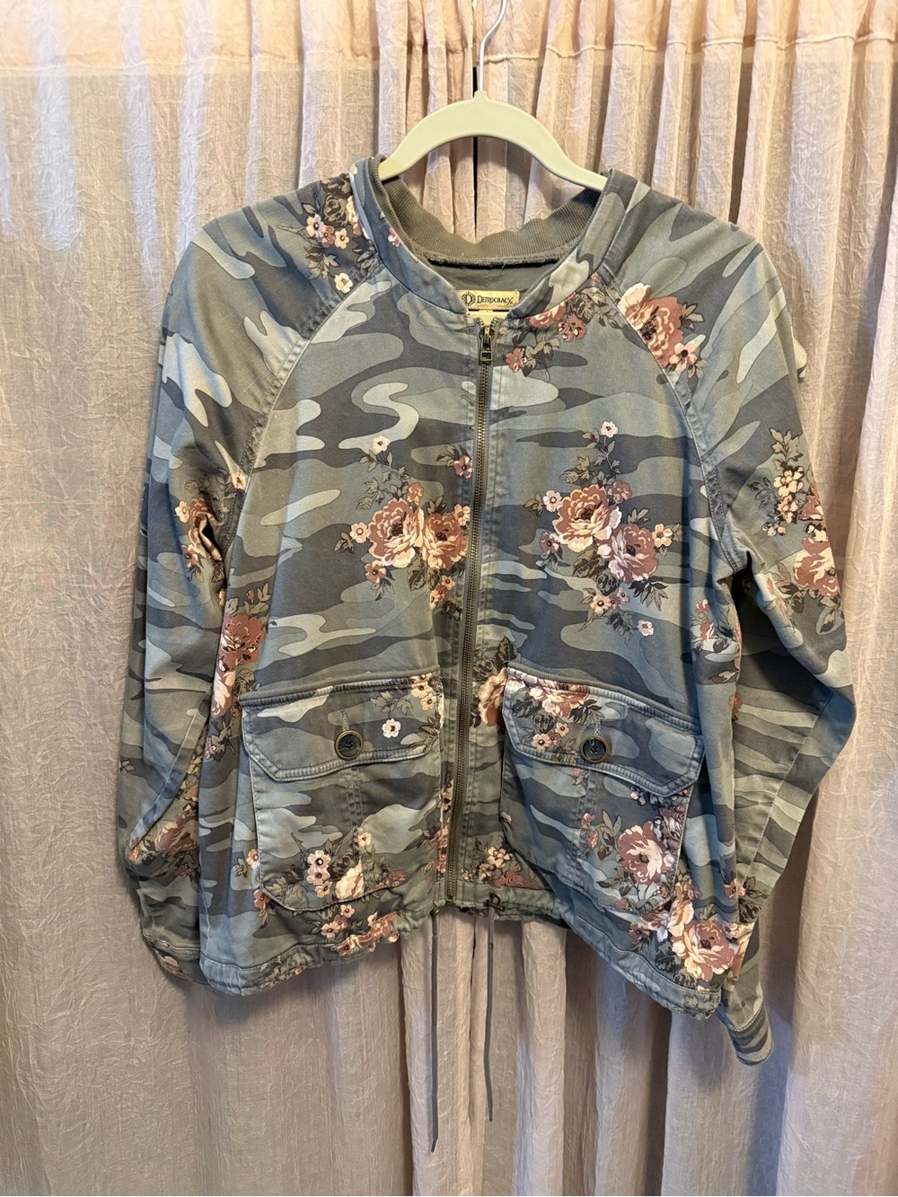 Democracy Blue Gray Camo Floral Bomber Jacket